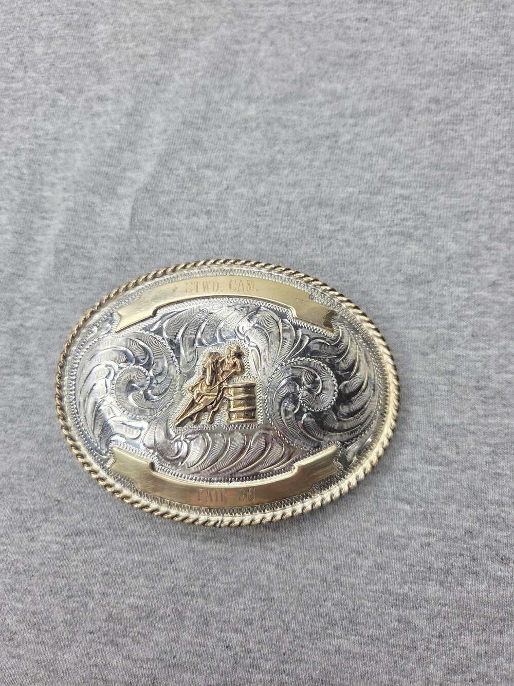 Mexico Silversmiths 1996 Stanwood Camano Fair Barrel Racer Trophy Belt Buckle